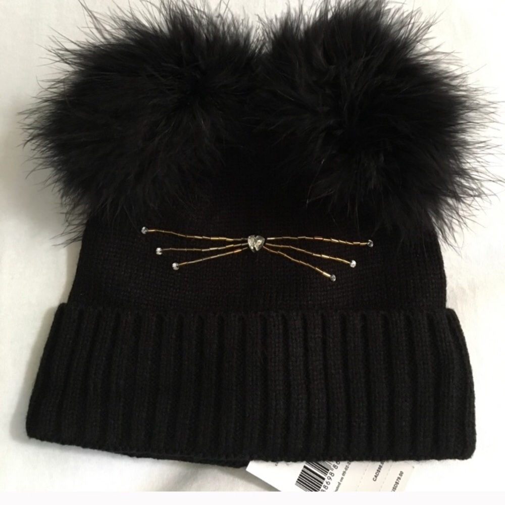 Kate Spade Kitty Beanie with Feather Pom-poms